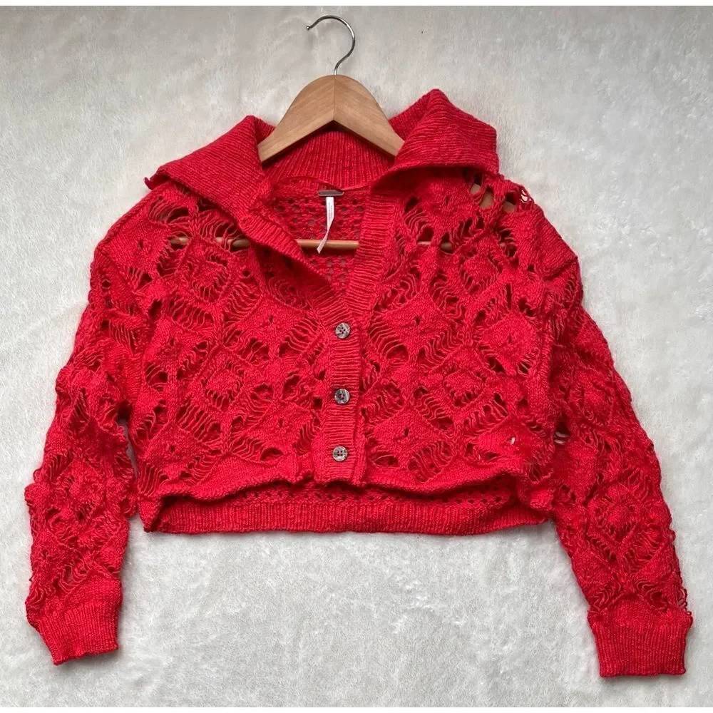 NWT Free People Sedona Open Knit Cropped Cardigan in Guava Berry, Size Small